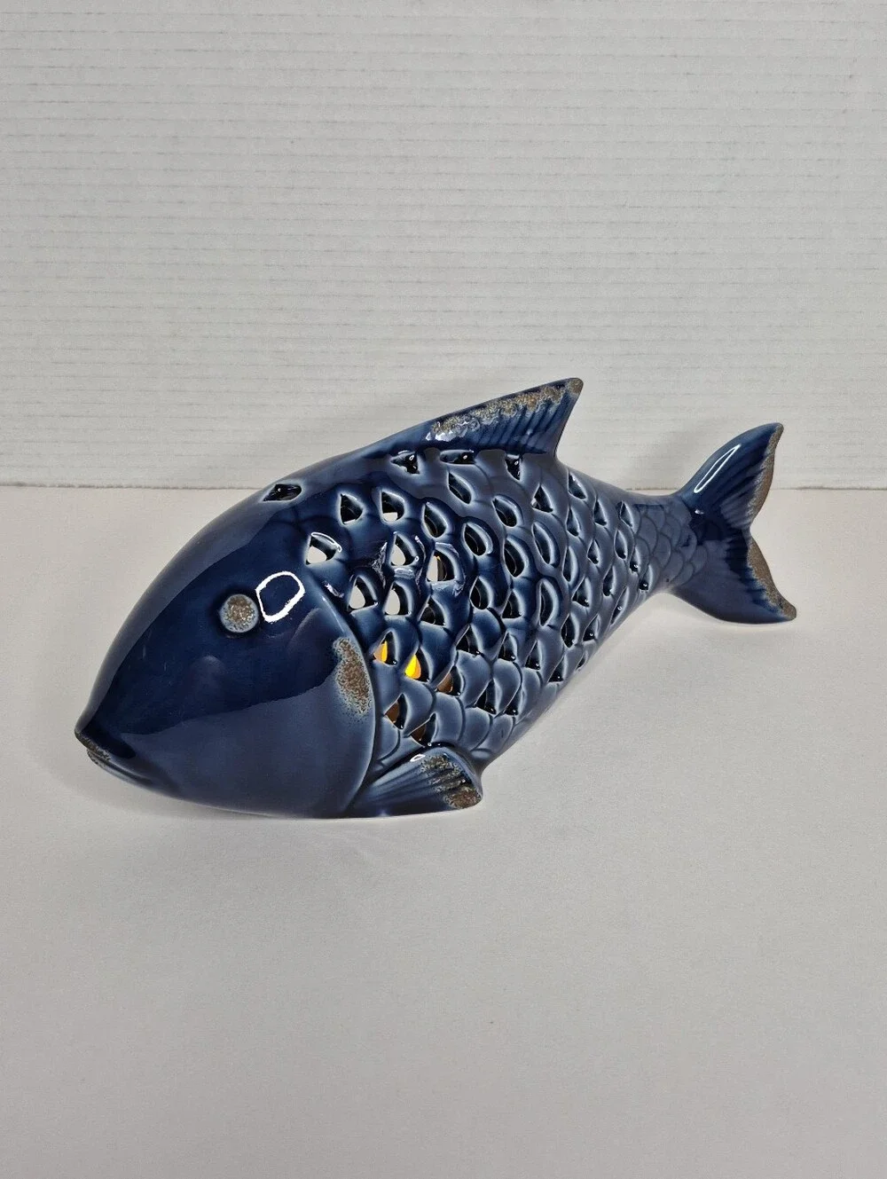 Pier 1 Vintage Cobalt Blue Ceramic Large Fish Tealight Candleholder NWT Rare